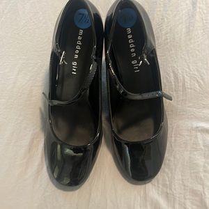 Black patent leather platform heels